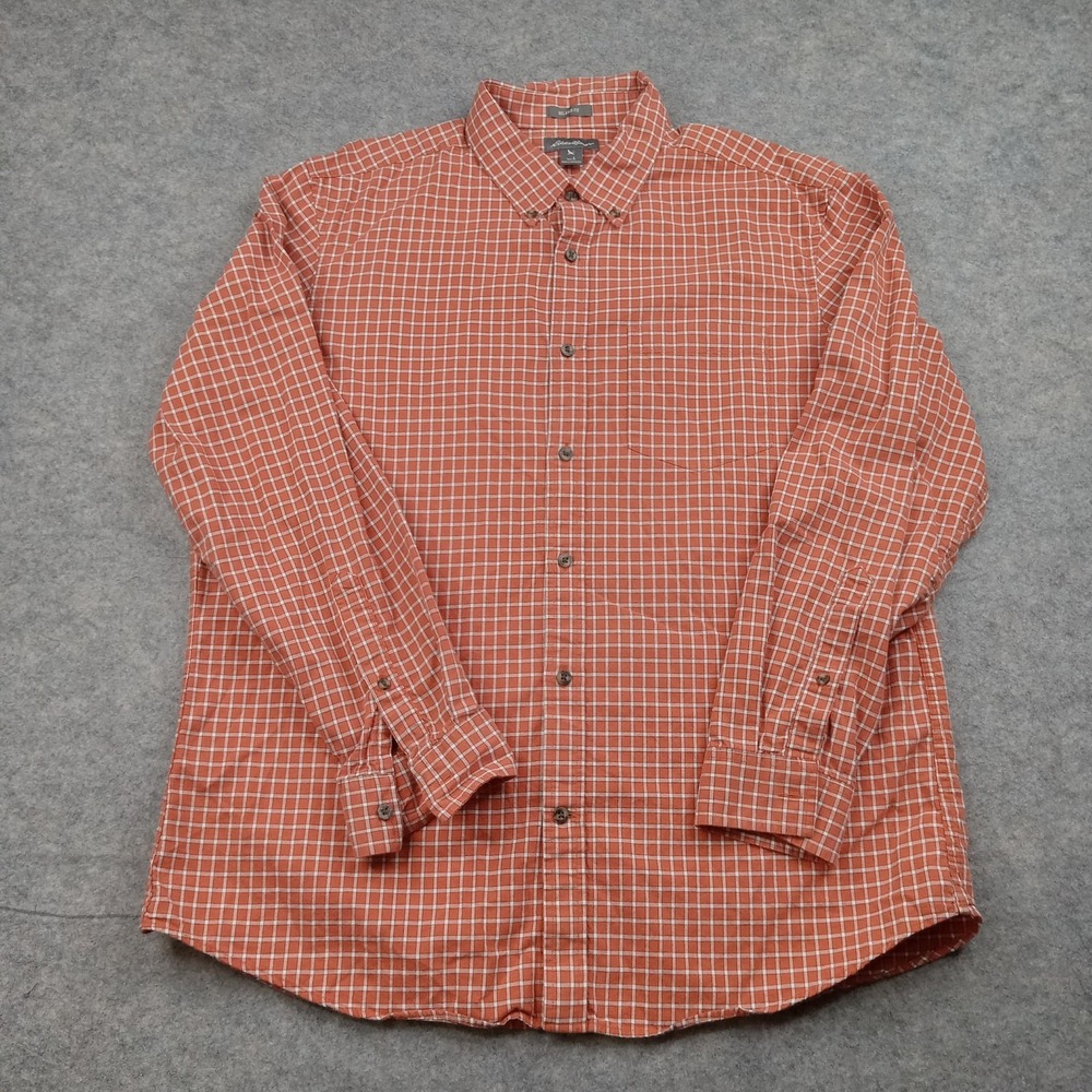 Eddie Bauer Shirt Mens Large Orange Plaid Relaxed Fit Button Front Casual
